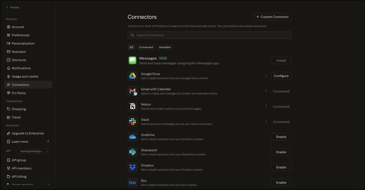 testingcatalog's tweet photo. Perplexity is working on Messages connector for Comet browser and a new "Usage and credits" settings tab. https://t.co/QniY9r489t