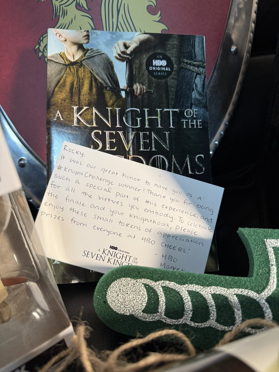 RockyNoHands's tweet photo. What a 🤯 finale episode for A Knight of the Seven Kingdoms! Thanks for the awesome gifts @GameOfThrones . And meeting @GRRMspeaking was so cool. #knightchallenge https://t.co/C3jN77KLX5