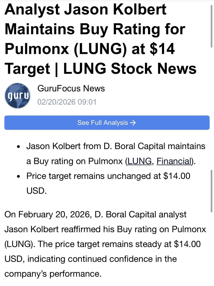 $LUNG
I’m gonna post off this main thread atop the only other 🫁 post from the weekend, an analyst PT. Many price targets well above current price with ER looming in March are other hopeful reasons stock is being held down. Perhaps they share FDA approval PR for catheter then.