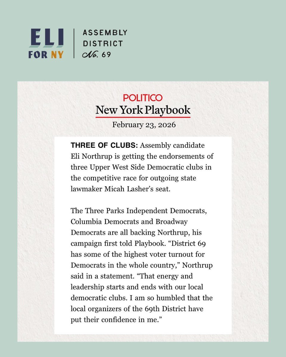 EliNorthrup's tweet photo. NEW in @politicony: I’m excited to announce that I’ve been endorsed by the Three Parks Independent Democrats, the Broadway Democrats, and the Columbia University Democrats— their first ever endorsement! 🎉 https://t.co/W40dhqZvH0