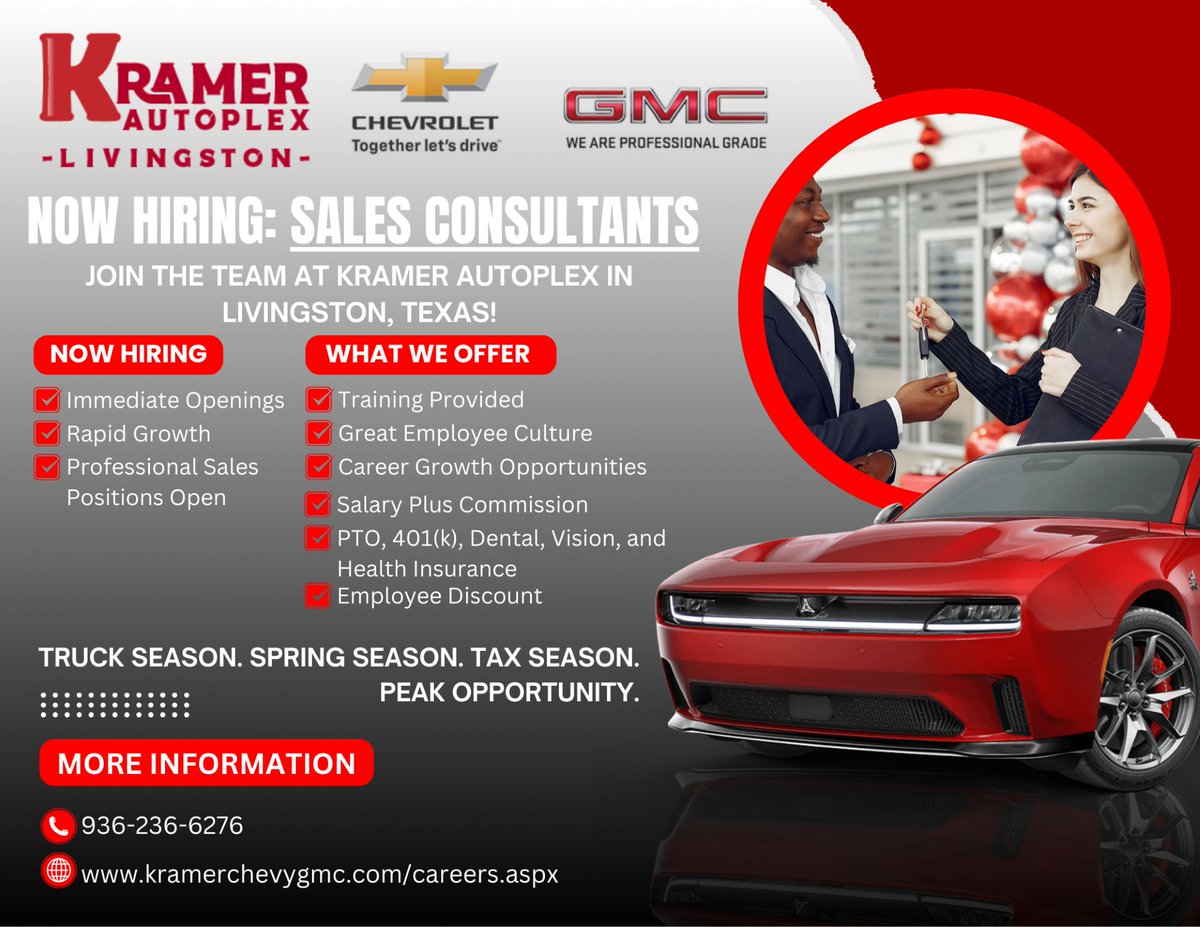 KramerAutoplex's tweet image. 🚗 Now Hiring: Sales Consultants 🚗  Join our growing automotive team right here in Livingston, Texas!
Are you ready to join the #KramerFamily? 
Click here &amp;gt; bit.ly/3ZRsUqw

#KramerAutoplex #KramerCGMC #LivingstonTX #NowHiring #SalesConsultants #LivingstonJobs