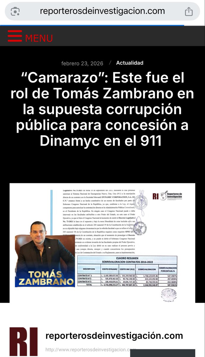 “Camarazo”: Este fue el rol de Tomás Zambrano en la supuesta corrupción pública para concesión a Dinamyc en el 911  

reporterosdeinvestigacion.com/2026/02/23/cam… vía @Reporteros de Investigación