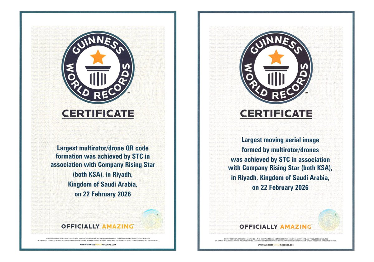 في إنجاز سعودي عالمي جديد، حققت مجموعة stc رقمين قياسيين في موسوعة غينيس للأرقام القياسية خلال احتفالات يوم التأسيس بالرياض، عبر عرض جوي بالدرونز شكّل أكبر رمز QR وأكبر صورة متحركة في السماء، في تجربة تقنية مبتكرة جسدت الاعتزاز بالهوية الوطنية.
#يوم_التأسيس #stc #غينيس