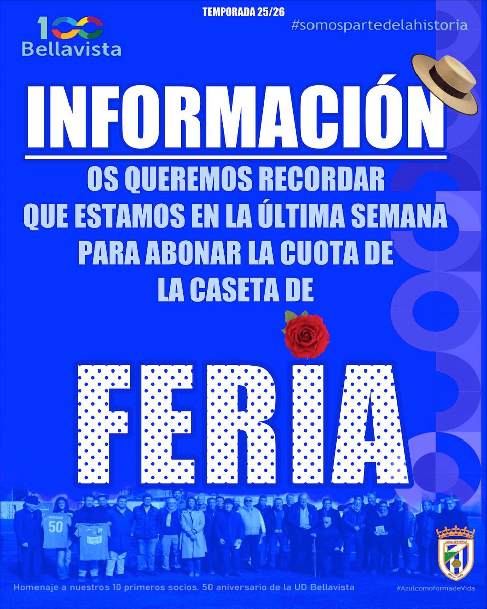 UDBellavista75's tweet photo. 💙💃🏽👏🏼 𝗔𝗭𝗨𝗟𝗘𝗦𝗦𝗦 👏🏼💃🏽💙

Aún no has pagado la cuota de la Caseta de Feria??? Os recordamos que el plazo finaliza este próximo sábado 28 Febrero!!! Ya huele a Feria.....

#SomosPartedelaHistoria
#Azulcomoformadevida https://t.co/v1QfPnpi1t