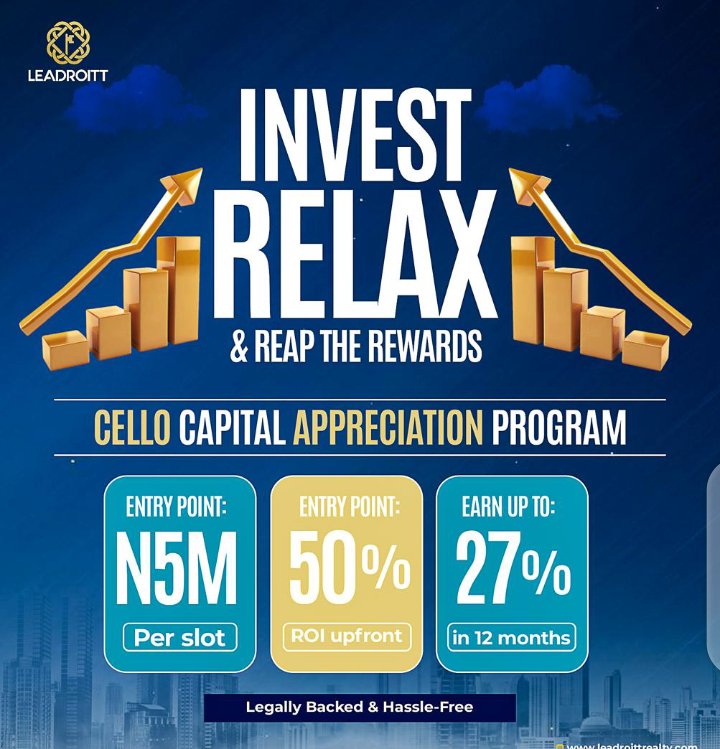 Eminenttgd's tweet photo. @twitgameboy Bank give 8% on fixed deposit for 1 year

With Cello Capital Appreciation Program, you earn 13% in 6 month and 27% ROI in 12 months.

Location: Lekki

Limited slots available https://t.co/Y8m0OXAj6K