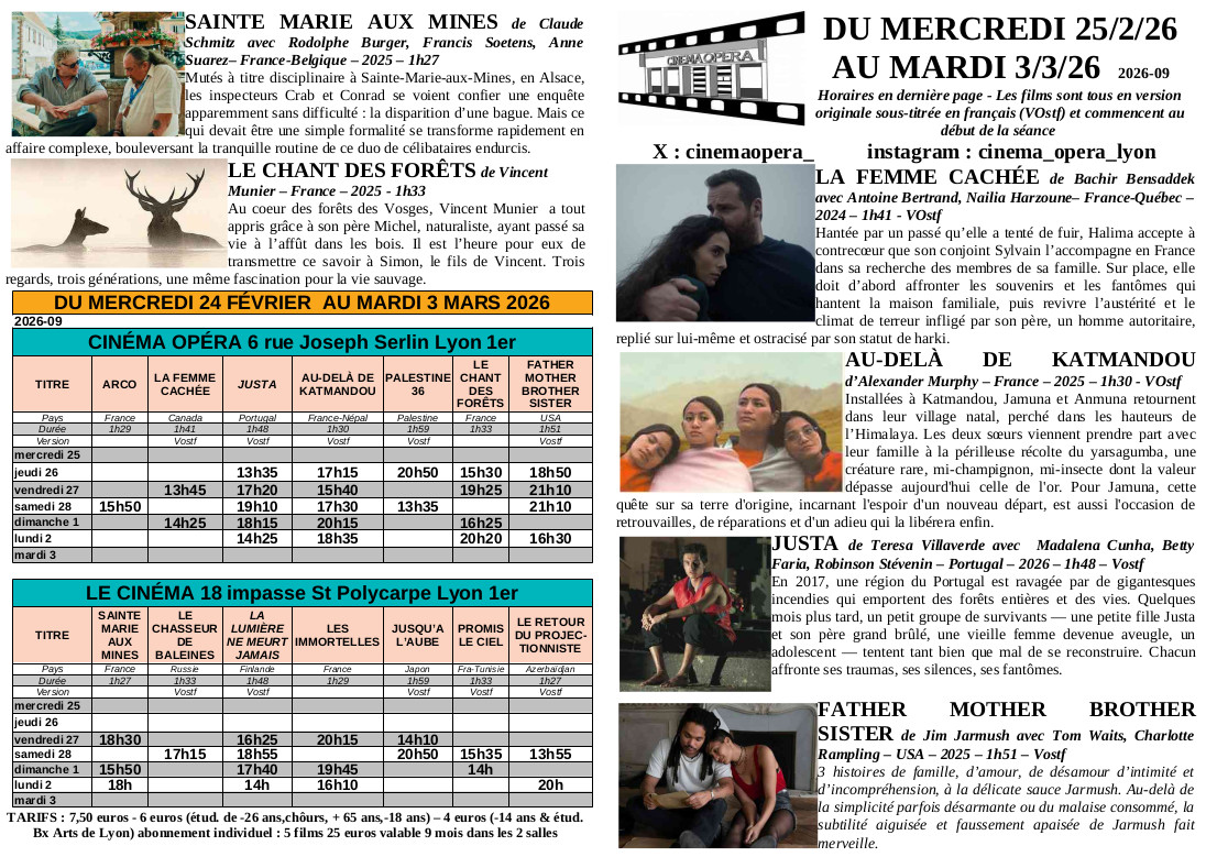 CinemaOpera_'s tweet photo. SEMAINE DU 25 FEVRIER 2026
en sortie nationale : JUSTA https://t.co/P1BYG9oxVc
en exclusivité à Lyon
LA LUMIERE NE MEURT JAMAIS https://t.co/MYQMOixFin
SAINTE MARIE AUX MINES https://t.co/J3gaC4sMJc
LA FEMME CACHEE https://t.co/hRlELJzmsg https://t.co/s5XvVLmNYU