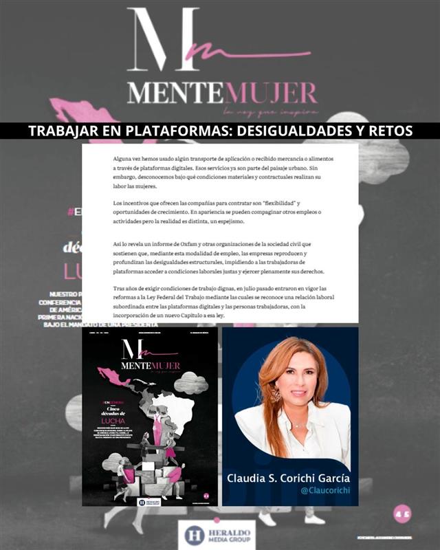 Comparto mi nota para la sección #MenteMujer del periódico <a href="/heraldodemexico/">El Heraldo de México</a>, "Trabajar en plataformas: desigualdades y retos". Las empresas deben establecer medidas de prevención y atención de violencia laboral y sexual. Lee más: 👉🏻 heraldodemexico.com.mx/opinion/2026/2…