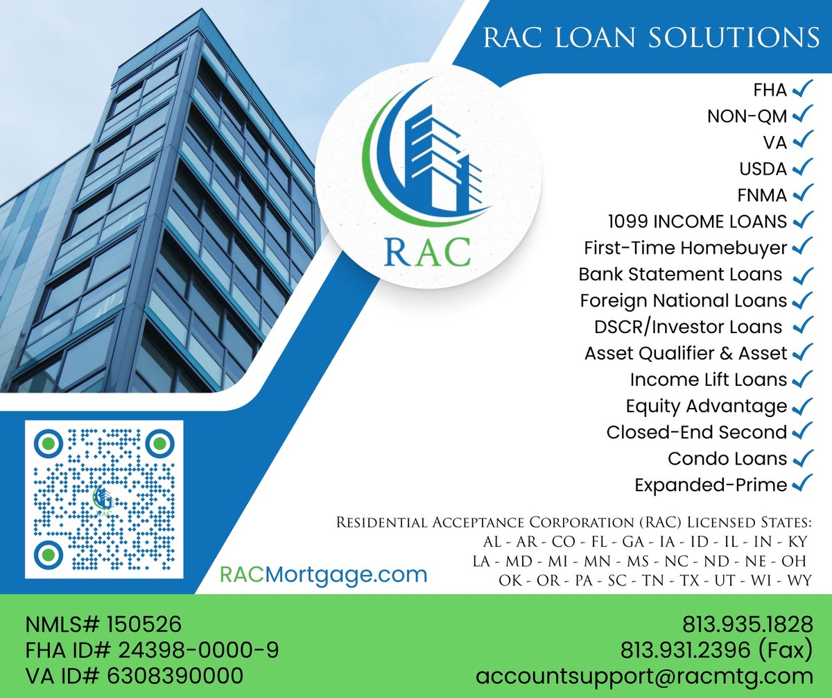 RACMTG1's tweet photo. RAC LOAN SOLUTIONS
One lender. Real solutions. More ways to qualify.
🌐https://t.co/M99jzmBWSf

NMLS# 150526 | FHA ID# 24398-0000-9 | VA ID# 6308390000
Equal Housing Lender https://t.co/txoaHzMZhj