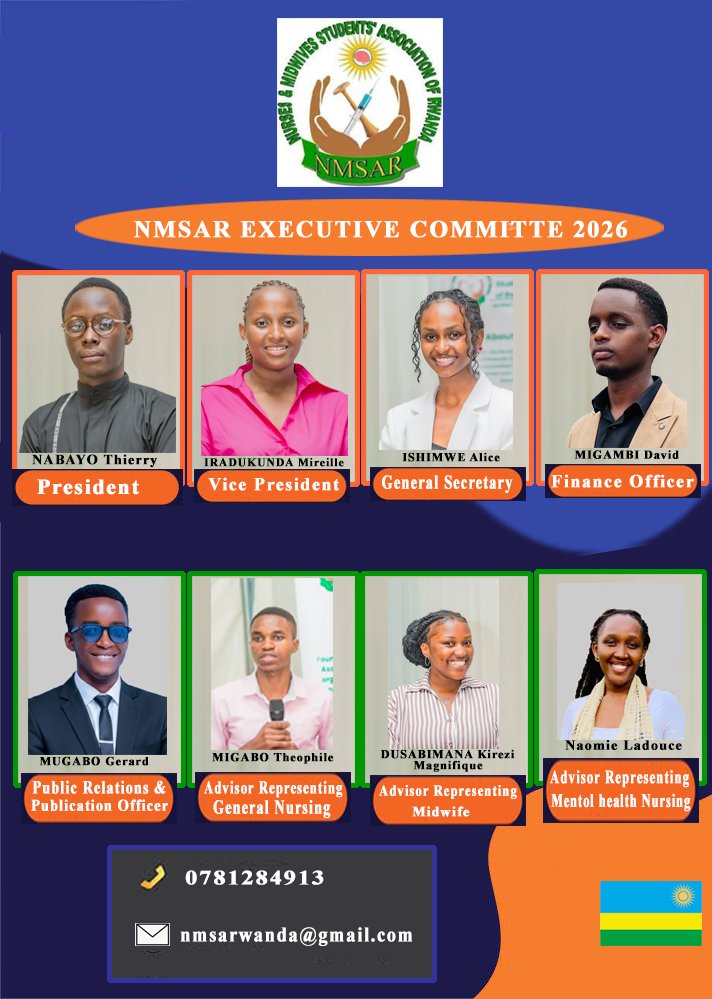NMSAR_Rwanda's tweet image. Meet your #NMSAR2026 Executive Committee🇷🇼

A dedicated team committed to representing and empowering nursing and midwifery students across #Rwanda. Together, we strive for excellence, advocacy, and professional growth.

The mandate begins now. ✨
@RNMU1  @gitembas2020
#RwOT