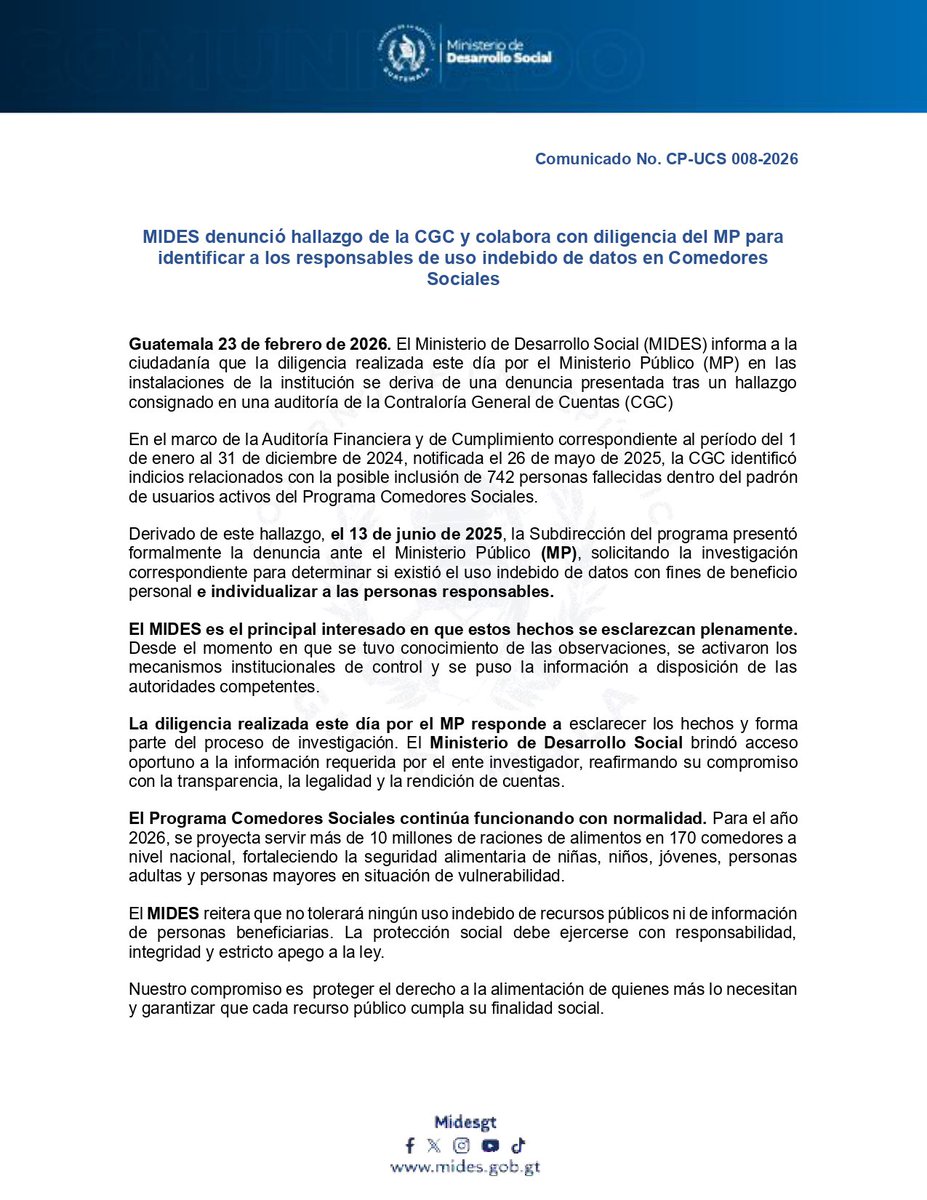 Midesgt's tweet photo. #Comunicado | El Ministerio de Desarrollo Social informa a la población sobre la denuncia presentada por la @Contraloria_gt y el #MIDES, para garantizar el uso correcto de los recursos públicos en la entrega de raciones alimentarias del Programa Comedores Sociales. https://t.co/gTm04HUJw5