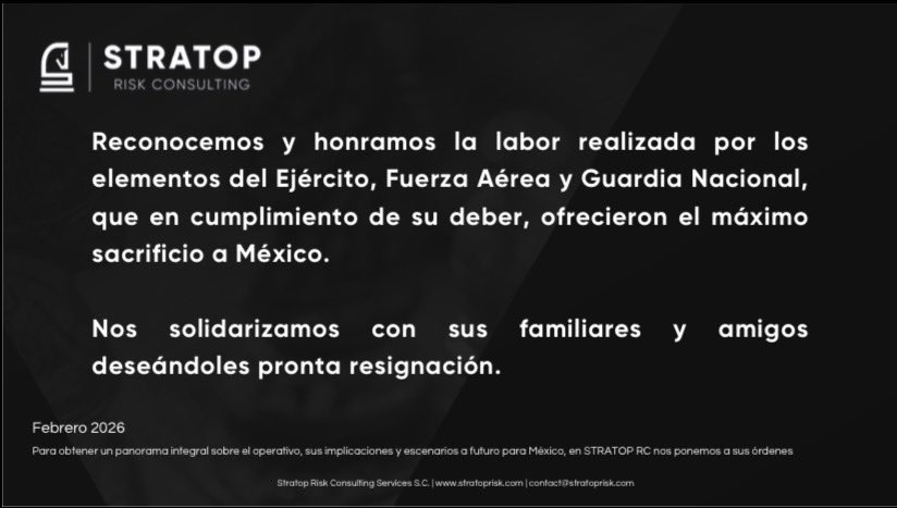 StratopRisk's tweet photo. En STRATOP Risk Consulting honramos la memoria de los elementos del Ejército, Fuerza Aérea y Guardia Nacional que dieron su vida en cumplimiento del deber.

Nuestra solidaridad con sus familias y seres queridos.

🇲🇽 Honor, servicio y sacrificio por México.
#FuerzasArmadas #México https://t.co/qwA9Zhcdkv