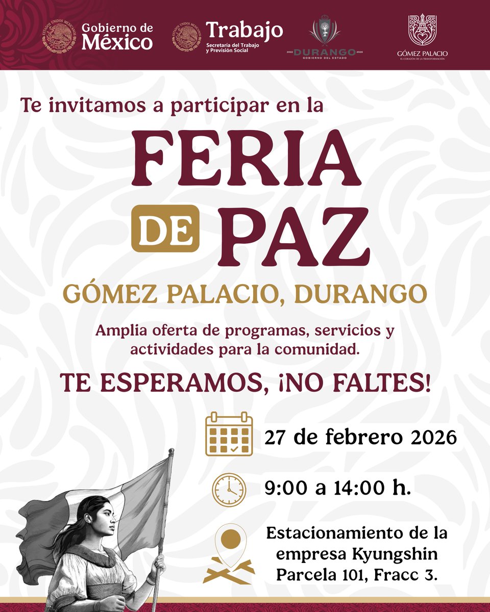 ¡No faltes a la Feria de Paz en Gómez Palacio! 🕊️
Acompáñanos este 27 de febrero y aprovecha la amplia oferta de programas y servicios que tenemos para ti y tu familia.

📍Estacionamiento de Kyungshin (Parcela 101, Fracc 3).
⏰ 9:00 a 14:00 h.

#ElCorazónDeLaTransformación