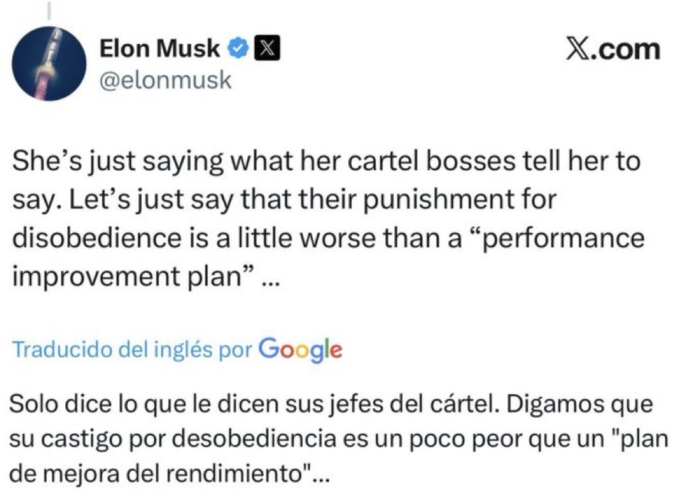 Go fuck yourself <a href="/elonmusk/">Elon Musk</a>, PresidentA <a href="/Claudiashein/">Claudia Sheinbaum Pardo</a> obeys only to the people of Mexico, she’s the best and greatest President on the planet.

The real cartel is living in the White House.