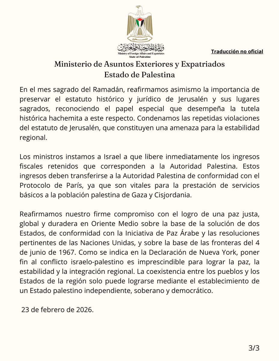 Declaración ministerial conjunta de 🇵🇸🇧🇷🇫🇷🇩🇰🇫🇮🇮🇸🇮🇩🇮🇪🇪🇬🇯🇴🇱🇺🇳🇴🇵🇹🇶🇦🇸🇦🇸🇮🇪🇸🇸🇪🇹🇷 en condena a las recientes decisiones del gabinete israelí en torno a Cisjordania ocupada