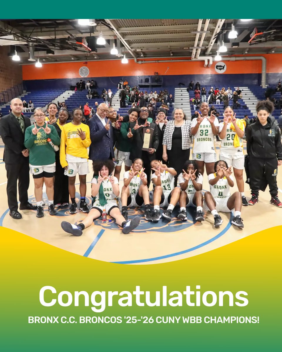 BCCcuny's tweet image. CHAMPS! 🏆
BCC Women’s Basketball wins the CUNY Community College division title, topping Kingsborough 79–57.
MVP Kolonnie Green delivered 19 pts, 20 rebs, 8 stls &amp;amp; 4 blks as the Broncos stretched their streak to 11 straight!

#BroncoStrong #BCCProud #bcccuny
@CUNY