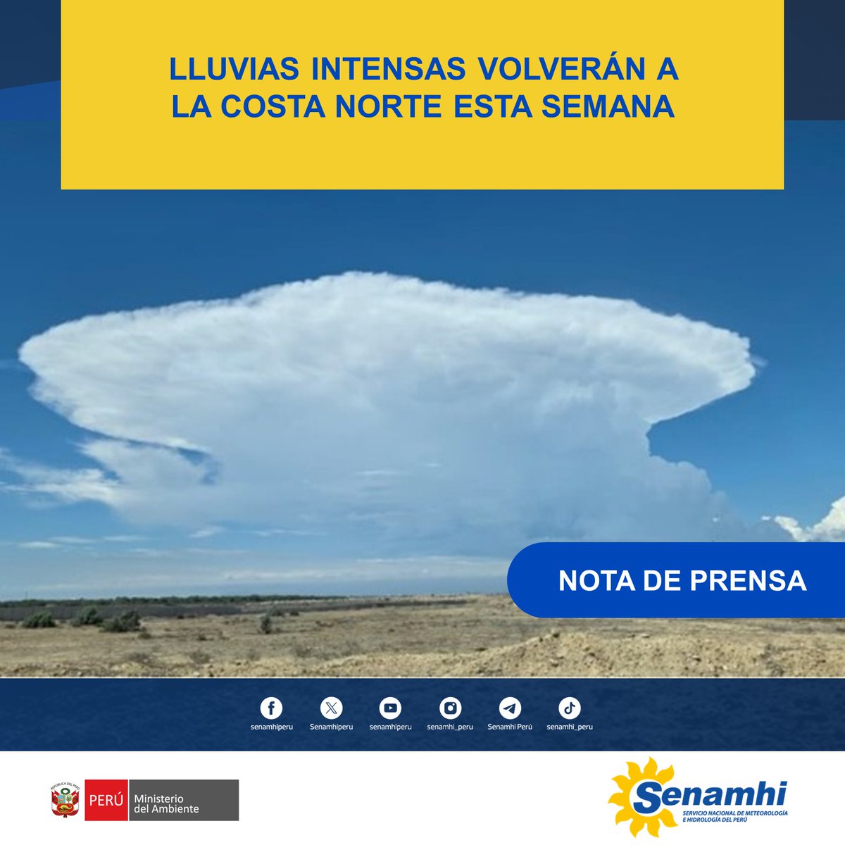 📣 #NotaDePrensa | #Senamhi #Minam

✅ Entre el martes 24 y el viernes 27 de febrero se registrarán precipitaciones de moderada a fuerte intensidad en Tumbes, Piura, Lambayeque y La Libertad.

📲  gob.pe/es/n/1357652