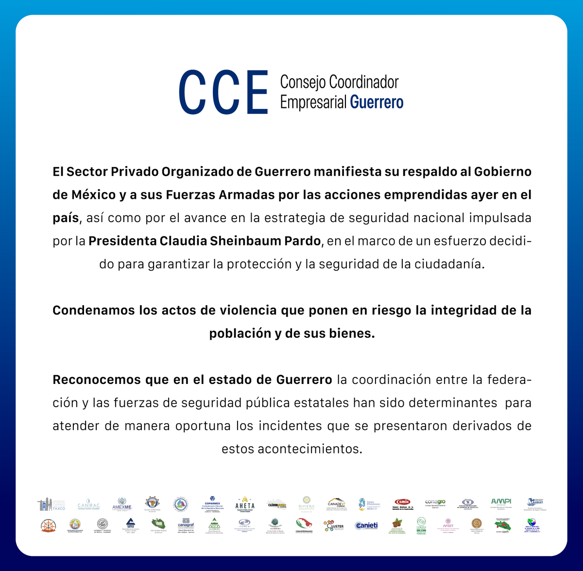 El Sector Privado Organizado de Guerrero (<a href="/CCEGRO_oficial/">Consejo Coordinador Empresarial Gro</a>) manifiesta su respaldo al Gobierno de México y a sus Fuerzas Armadas por las acciones emprendidas ayer en el país, así como por el avance en la estrategia de seguridad nacional impulsada por la Presidenta Claudia