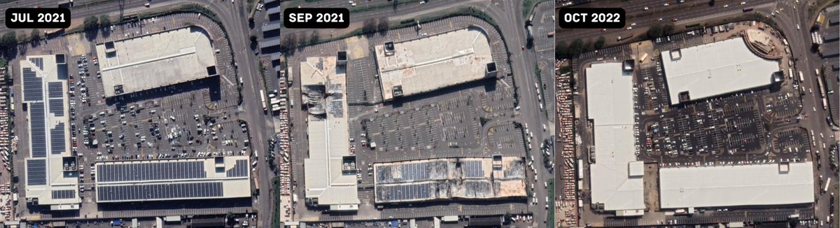 Before/after doesn’t always mean decline. 
From a busy mall, to extensive fire damage after the July 2021 riots, to a complete rebuild by 2022. 
When the private sector is involved, things move fast.

Springfield Value Centre, Umgeni Rd, Durban, South Africa.
2021 - 2022