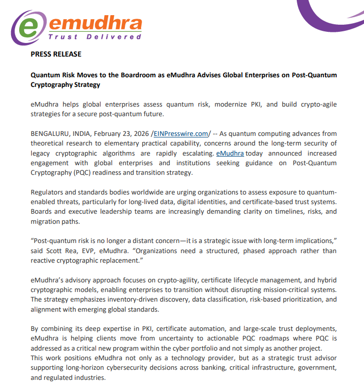 vluxeinvests's tweet image. 🔐 eMudhra Advises Global Enterprises on Post-Quantum Cryptography Strategy

👉🏻 eMudhra sees rising engagement from global enterprises on Post-Quantum Cryptography (PQC) readiness
👉🏻 Focus on assessing quantum risk and modernising legacy cryptographic systems
👉🏻 Advisory approach