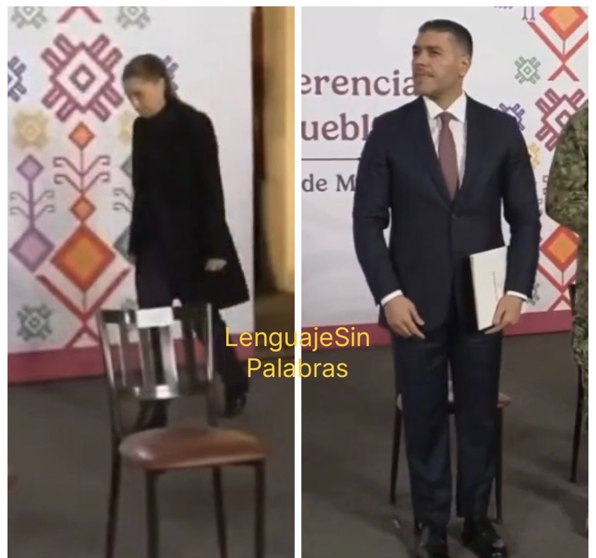 Mientras ella camina con el eje inclinado,
Harfuch se planta derecho, cabeza en alto, base firme.
Postura vertical.
Hombros abiertos.
Mirada al frente.
El cuerpo también comunica mando.
En momentos críticos, la diferencia no está solo en el discurso.
Está en quién sostiene el