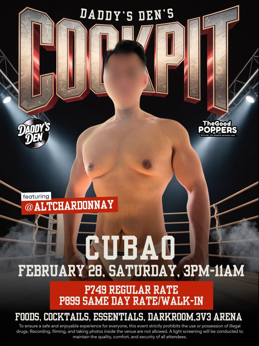 McPH_4's tweet photo. Prepare for a night to remember this coming Saturday Feb 28, with our very own alter guest @AltChardonnay entering the Arena to show you how its done, Battle Royale style.🔥

#CockPit 

This is your signal. Bring your A-game cause there will be no mercy.

📅 Feb 28, 2026 SAT
📍 CUBAO
⏰ 3PM SAT - 11AM SUN 

𝗜𝗡𝗖𝗟𝗨𝗦𝗜𝗢𝗡𝗦 :
🍕 FOODS
🍺 DRINKS
🧴ESSENTIALS
🕶️ DARKROOM
♠️ 3V3 Arena🔥

dm @McPH_4 on tg to reserve your slot.
