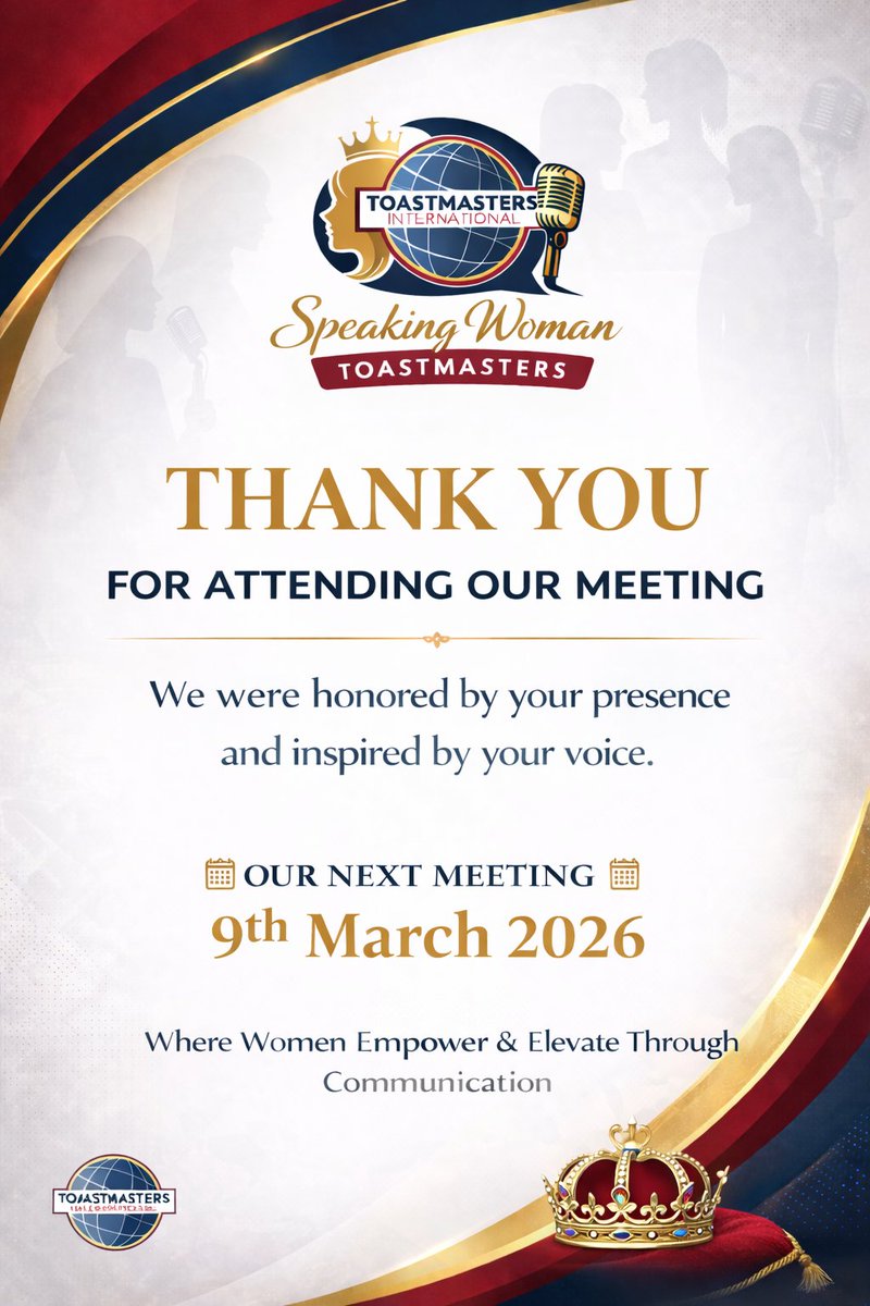 Speaking Woman Toastmasters is more than a meeting.
It is a safe space where women speak boldly, grow confidently, and lead without apology

It is where queen energy is nurtured,  not through competition, but through collaboration, encouragement, and elevation. 👑