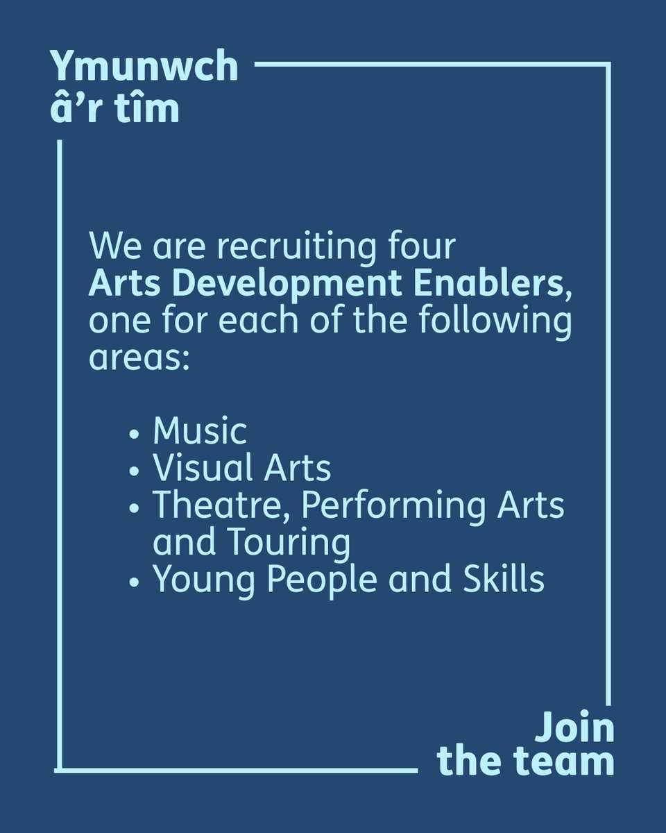 Arts_Wales_'s tweet photo. 📢 We're recruiting!

We're looking for four Arts Development Enablers to work within four different art forms.

You don’t need professional experience — just tell us what draws you to a particular art form and why in your application.

📆 Deadline: 15 March https://t.co/9QCN6eZmCL