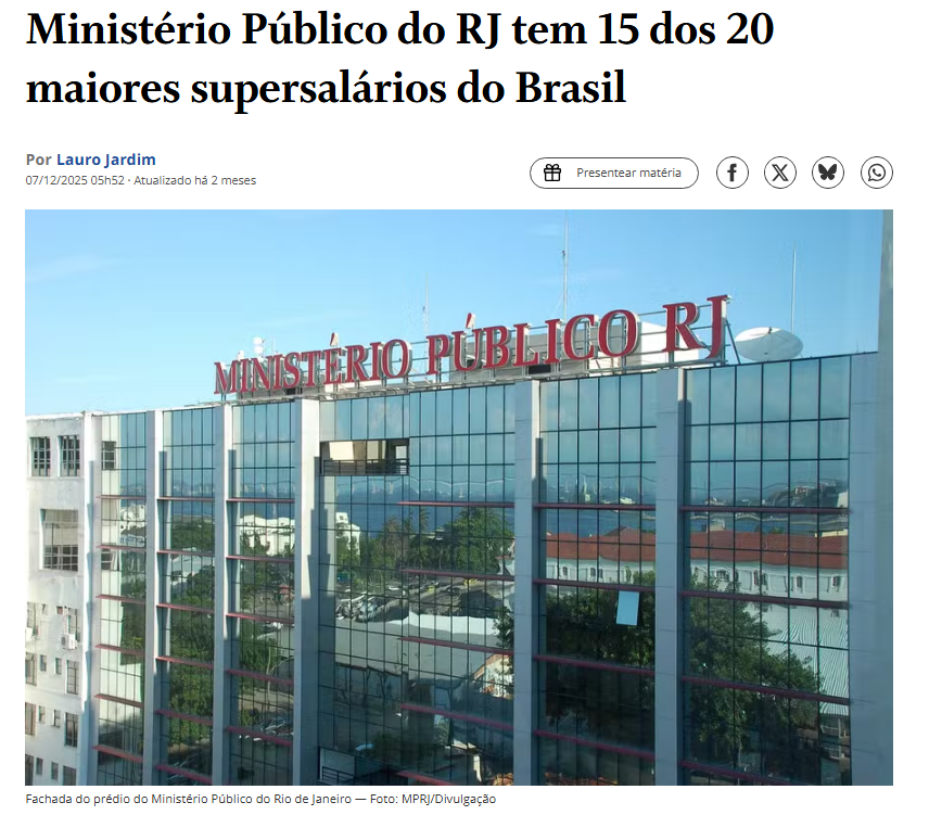 RicardoBerezin's tweet photo. @FutebolPuro10 No Rio, 2025 o ano do MP

"Entre os 20 maiores supersalários pagos a servidores públicos no Brasil, 15 são de integrantes do Ministério Público do Rio de Janeiro. Neste grupo, a maior remuneração chegou a R$ 5,9 milhões e o menor a R$ 2,8 milhões" https://t.co/rJWbZFOLQe