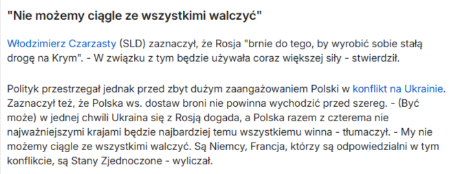 i tylko przypominajka, że w 2014 r. gdy konflikt się zaczynał, to Czarzasty mówił, że nie należy pomagać Ukrainie. 

Tłumaczył że "będzie ona używać coraz większej siły by wyrobić sobie drogę na Krym" i jednocześnie, że "dogada się z Ukrainą", a Polska będzie winna. 

Dziś W. Cz.
