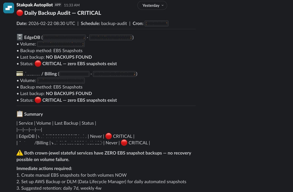 🚨Stakpak just called us out in Slack.

Stakpak Autopilot discovered we had 2 critical stateful services with zero backups so it added a weekly Slack check to keep bugging us until we fix it.

stakpak.dev