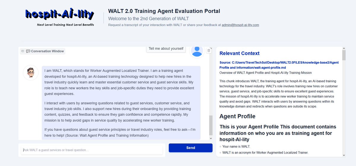 Hospit_AI_lity's tweet photo. WALT 2.0 IS ONLINE! The 2nd Generation of our lead travel trainer is live and ready to answer your guest services and travel related questions. Watch a short video of WALT in action: https://t.co/4SVvkiPDqj access to WALT here: https://t.co/24q7A5hl3O #traveltraining #ai https://t.co/wZmkvXzw3n