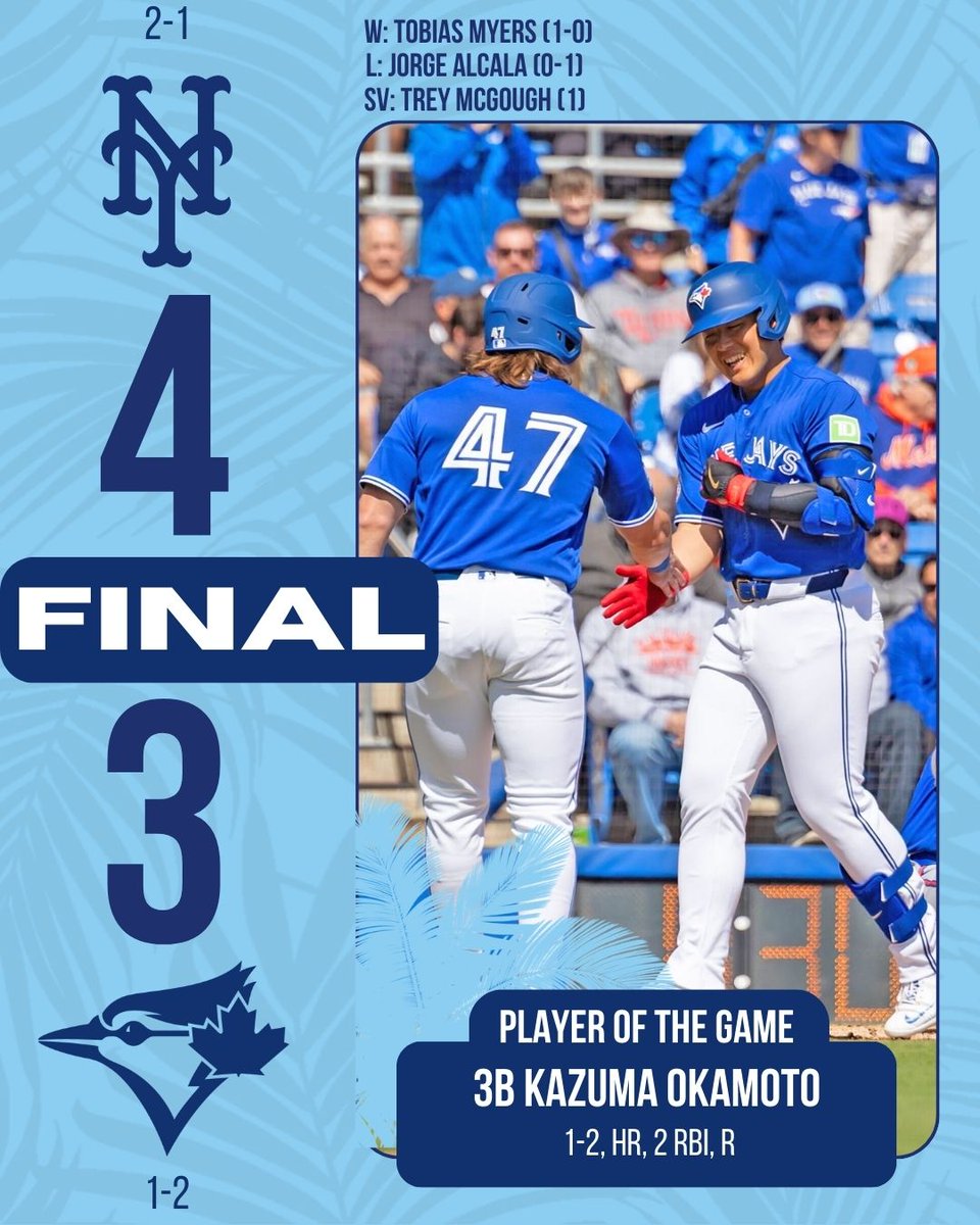Okamoto hits his first home run, but the Jays fall to the Mets