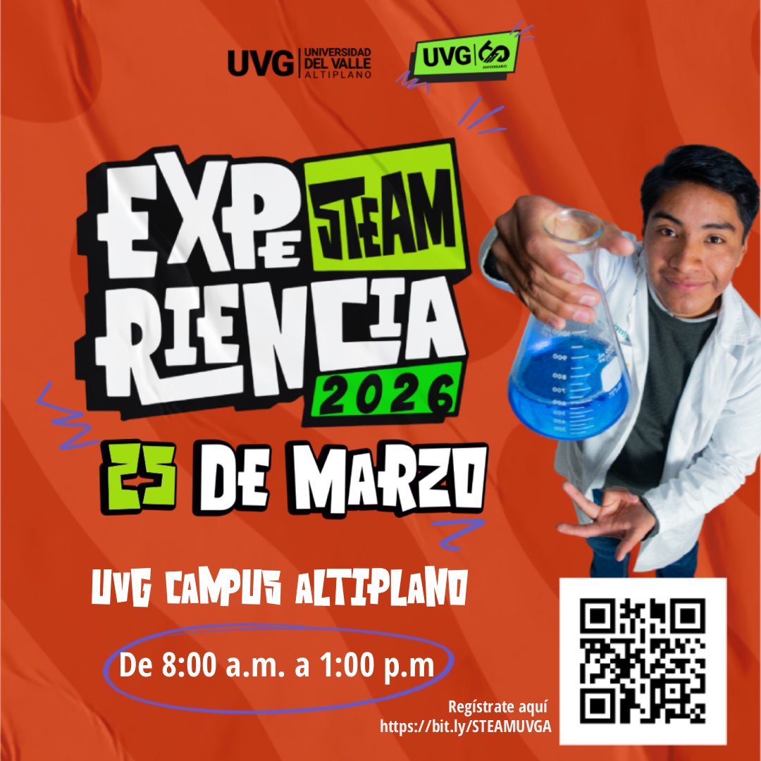 UVG Campus Altiplano te invita a ser parte de la Experiencia STEAM 2026, una jornada para explorar, experimentar y aprender a través de la ciencia, la tecnología, la ingeniería, el arte y las matemáticas.

🔥 Desafíate. Haz ruido.

🔗 Regístrate aquí: bit.ly/STEAMUVGA