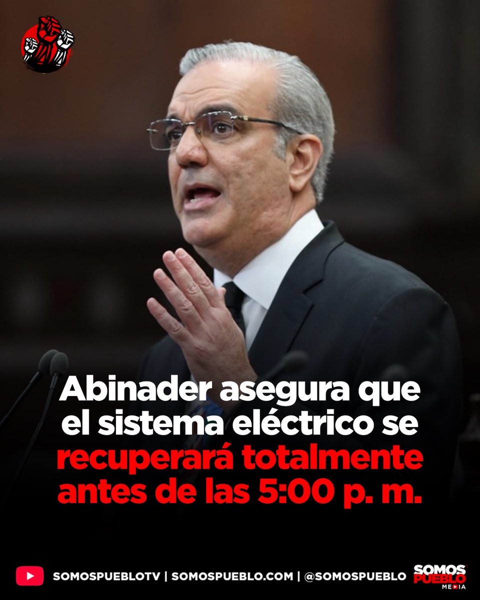 RDSomosPueblo's tweet photo. El presidente Luis Abinader informó la tarde de este lunes que el servicio eléctrico nacional se encuentra en proceso de estabilización tras un apagón general que afectó gran parte del territorio nacional. Según el mandatario, las proyecciones oficiales apuntan a que la restitución total de la energía eléctrica ocurrirá alrededor de las 5:00 de la tarde.  

Durante un encuentro con directores de medios de comunicación, el jefe de Estado detalló que, para las 3:00 p. m., los técnicos ya habían logrado restablecer aproximadamente el 25 % del servicio. Explicó que la recuperación no puede ser instantánea, sino que se realiza de forma escalonada a medida que se incorporan de manera segura los diferentes segmentos al Sistema Eléctrico Nacional Interconectado (SENI).

Amplía esta y otras noticias en nuestra página web https://t.co/LL2u5zFK4k 📲.