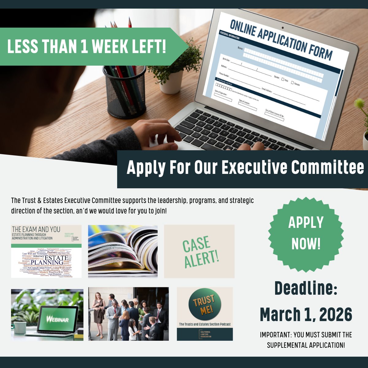 ⏳ Less than one week left to apply.

The deadline to join the Trust &amp; Estates Executive Committee is March 1 — and time is running out.

Supplemental application REQUIRED

Apply before March 1: calawyers.org/cla/appointmen…

Supplemental Application (REQUIRED): calawyers.org/wp-content/upl…