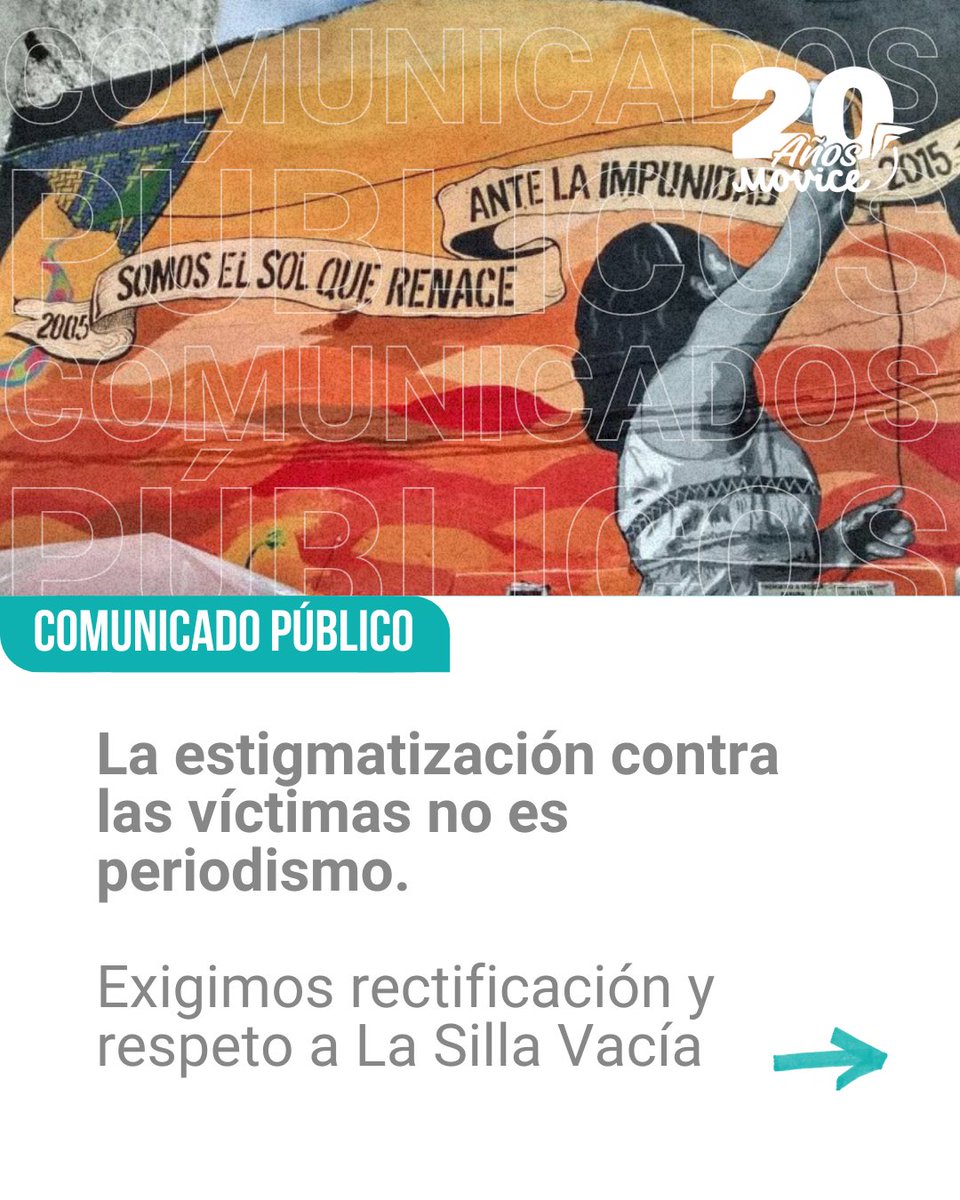 🗣️ La estigmatización contra las víctimas no es periodismo.

📄 Compartimos nuestro comunicado frente a la publicación de <a href="/lasillavacia/">La Silla Vacía</a> Vacía que sugiere vínculos sin respaldo judicial entre el 6 de marzo de 2008, el <a href="/Movicecol/">Movice</a> y <a href="/IvanCepedaCast/">Iván Cepeda Castro</a> 👇🏼

📃short.do/ZwtoLn