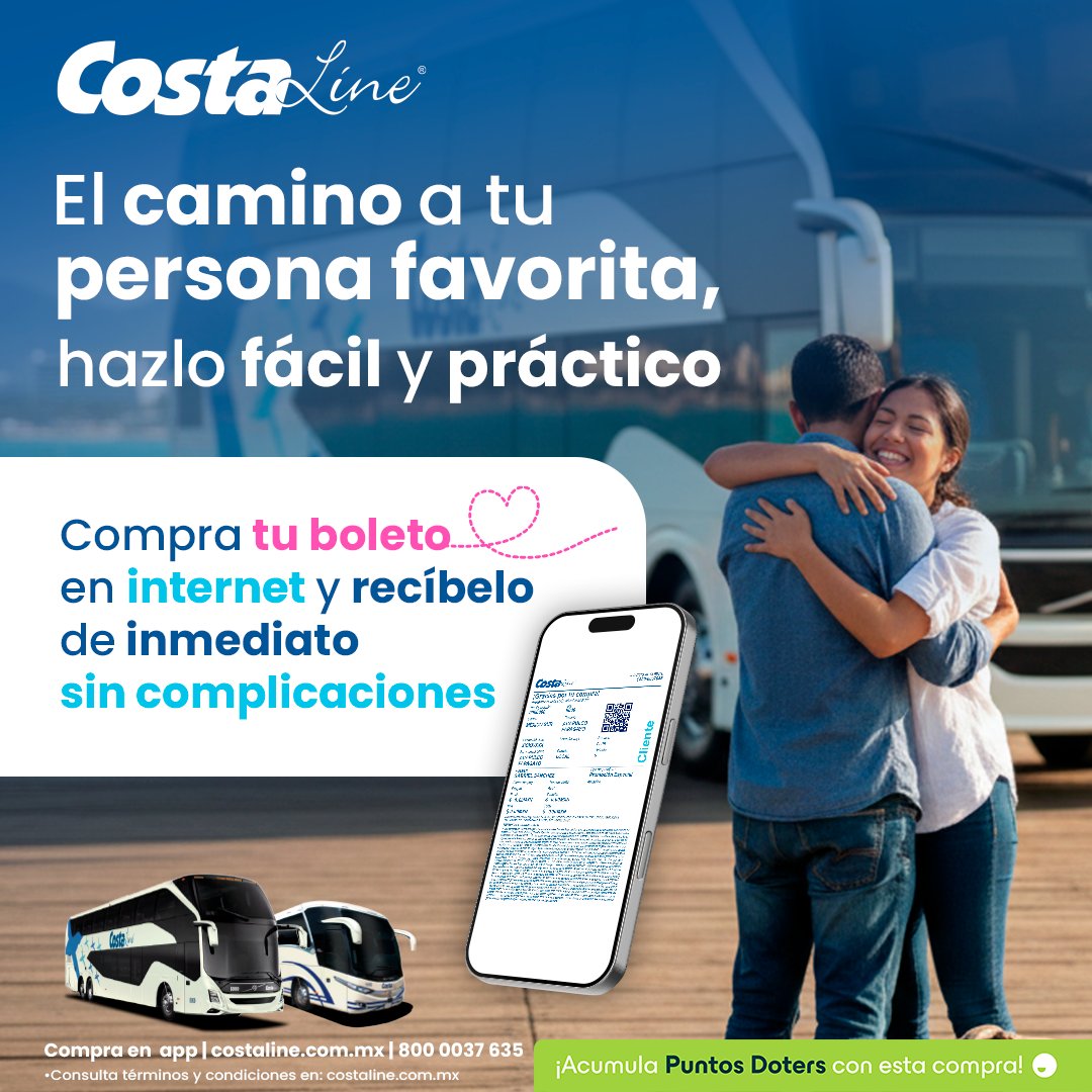 💙🚍 Llega, muestra tu INE y súbete
Con tu boleto electrónico, aborda directo y empieza a disfrutar el viaje desde el primer momento. ✨🌴

🌐 Compra fácil en 👉 costaline.com.mx o en la App 📲