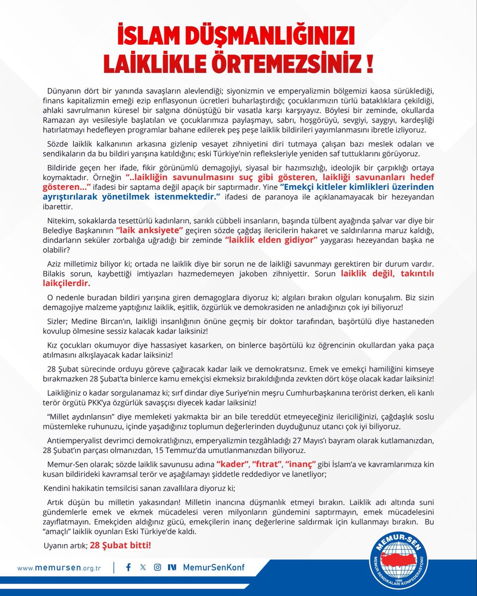 🔴  Memur-Sen'den, Laiklik adı altında bildiri yayınlayan İslam düşmanı sendikalara tepki:

"İslam düşmanlığınızı Laiklikle örtemezsiniz.."

Helal olsun, bu millet bu dik duruşunuzu unutmaz.👏 <a href="/MemurSenKonf/">Memur-Sen</a> <a href="/mehmet_uca/">Mehmet Uca</a> <a href="/caslan8165/">CEMAL ASLAN</a>