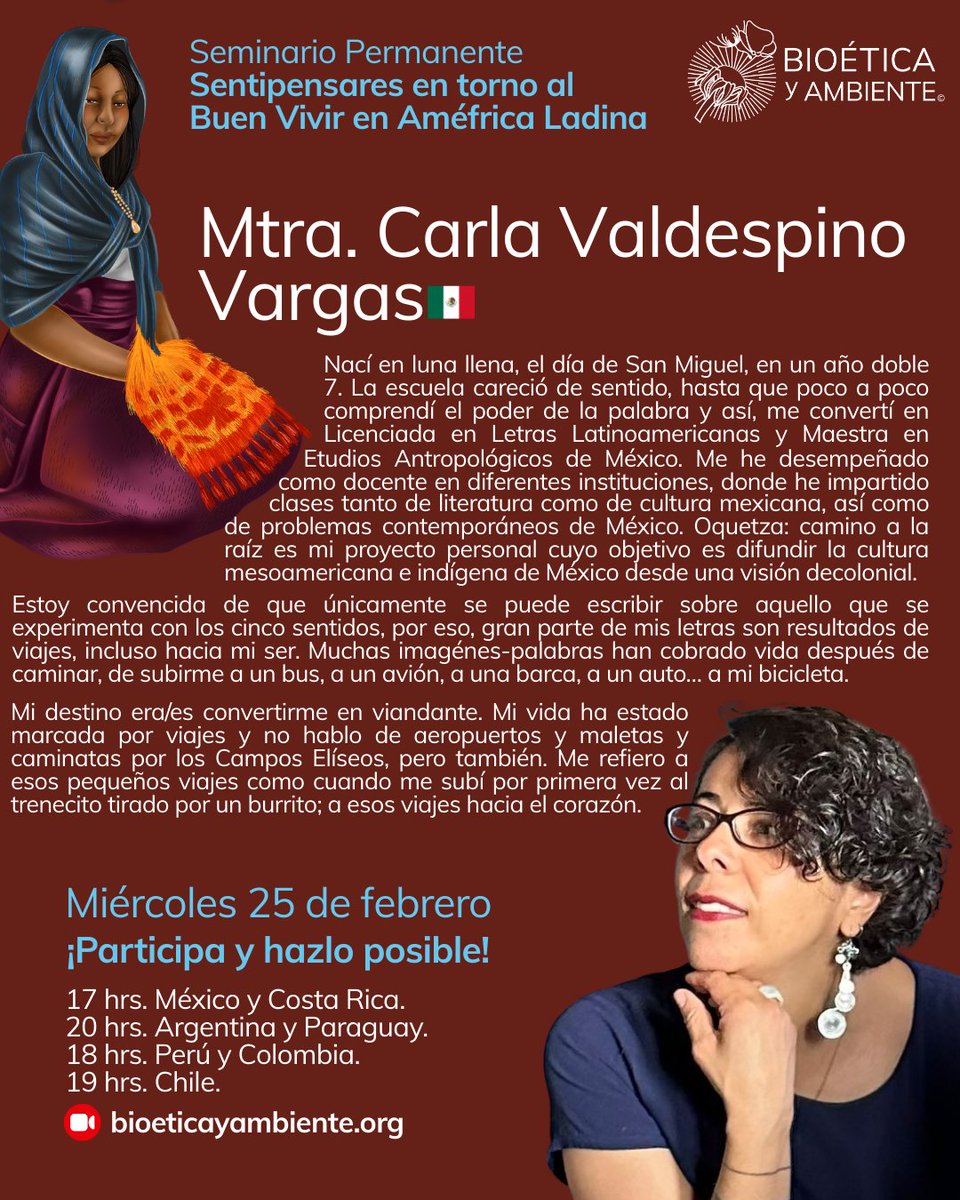 bioeticambiente's tweet image. Participa y hazlo posible.
#Seminario #Permanente  💚🦋🌱
“Sentipensares en torno al Buen Vivir en #Améfrica #Ladina”
Cordinado por: Doctorante Gabriel Hernández Soto

Tema: Las #montañas #mesoamericanas
Por: Mtra. Carla Valdespino Vargas

25 de febrero
bioeticayambiente.org