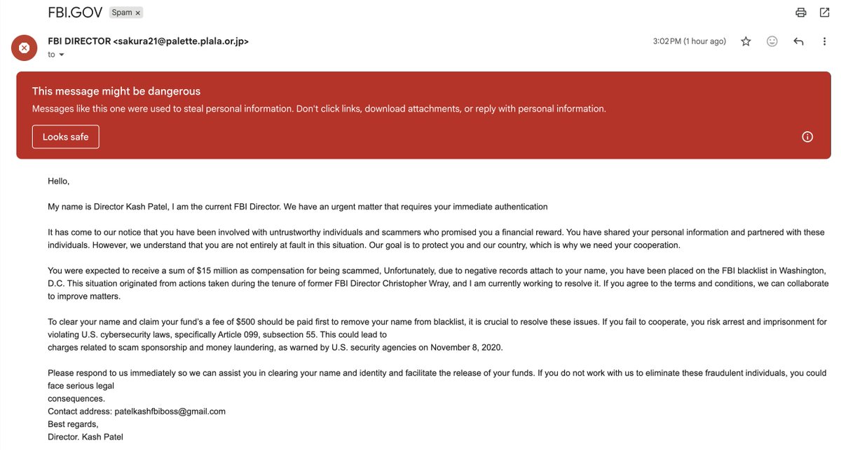mjminnich's tweet photo. My spam folder always keeps me up to date on what @FBIDirectorKash and the @FBI are up to. 🔍

I'm glad they've figured out some way to make up that $1.8 trillion budget deficit. https://t.co/qlgEZUdKL4