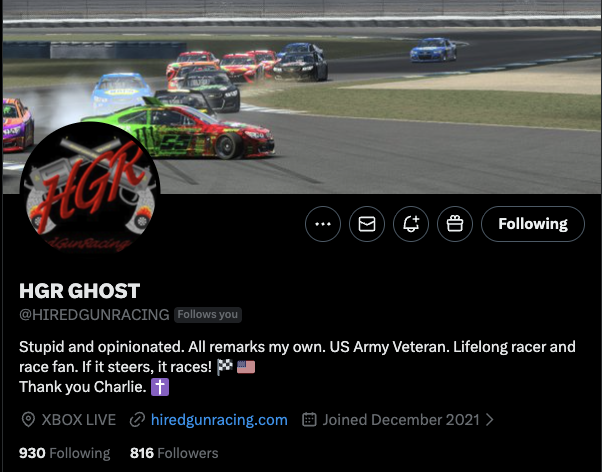 Army Veteran and race fan could use a few more connections. Time to work together!

<a href="/HIREDGUNRACING/">HGR GHOST</a>