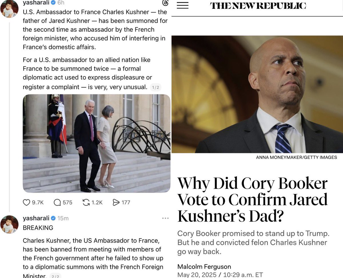 Senator <a href="/CoryBooker/">Cory Booker</a>’s decision to help confirm Kushner’s criminal father is aging about as well as expected — he was just banned from their government after failing to show up when summoned for meddling in their domestic affairs