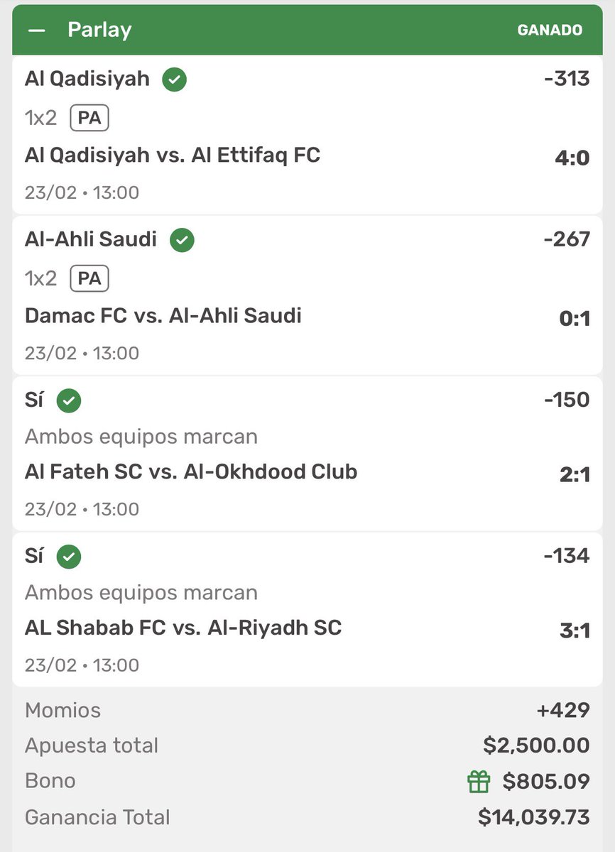 Regalaré $1500 entre los RT Y ❤️ 

PARLAY +429 y $14,000 en la bolsa 👜 

La liga de los camellos 🐫 🇸🇦👳🏽‍♂️ nos trata muy bien 😍, que forma de sufrir y que forma de ganar 

Sufrido vale doble KOALITA 🐨

Una maldita locura , estamos a 1 paso de TRIPLICAR BANK 

La KOALANETA 🐨🚀👳🏽‍♂️