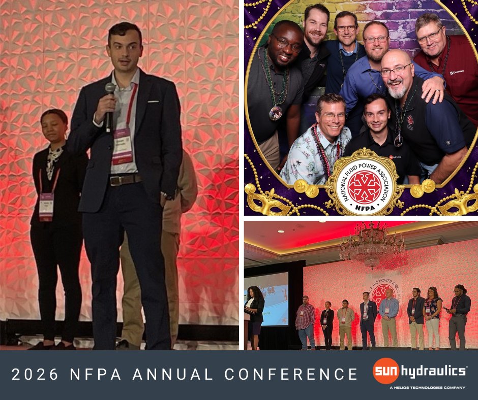 Sun Hydraulics, Daman Products, and Enovation Controls recently attended the NFPA Annual Conference in New Orleans. 
 
Ethan Mercado from Sun's engineering team was recognized as one of several alumni of the NFPA Fluid Power Vehicle Challenge now working in the industry. 😀