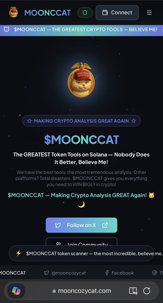Mooncozycat.com 👈🏻 All about us and all tools to scan tokens and get information that's not easy to find + MoonccatSwap ! 

CA : A4u4KV7vvDQWBry2gASFoj1fqy5dp8MTEviZkUQmoon

#trumpmemecoin #memecoin #moonshot