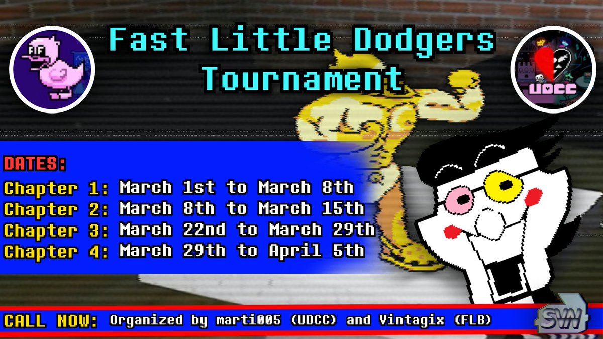 marti0052's tweet photo. I'm proud to announce a special DELTARUNE event called FAST LITTLE DODGERS!

The speedrun and no hit communities of the game have come together to make a tournament which combines going fast and dodging hits, and we're raising money for charity!

More info + sign-up link below https://t.co/dohwZmddI9