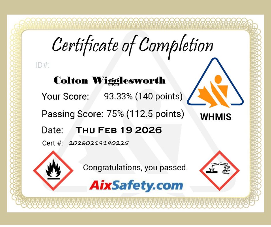JasproP's tweet photo. A score of 93% deserves to be framed! Congrats to Colton Wigglesworth on earning his WHMIS certificate … in grand style. That sets the bar pretty high for the rest of the Jaspro staff :-) https://t.co/t7Q6bj6OQy