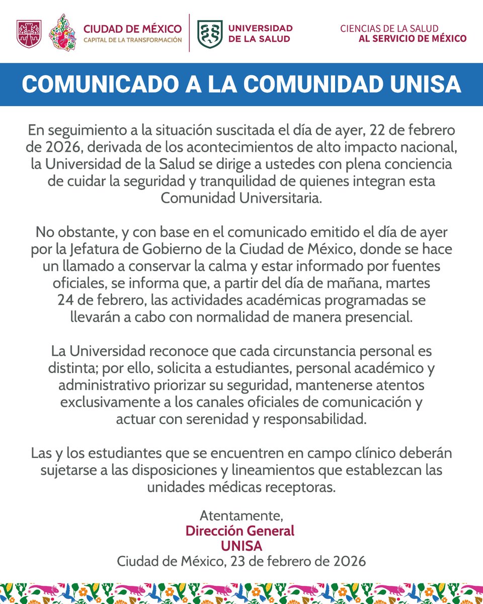 📢 Aviso importante a la Comunidad UNISA

Se informa que, a partir de mañana, martes 24 de febrero, las actividades académicas programadas se llevarán a cabo con normalidad de manera presencial.

Consulta el comunicado completo aquí.👇 #ComunidadUNISA