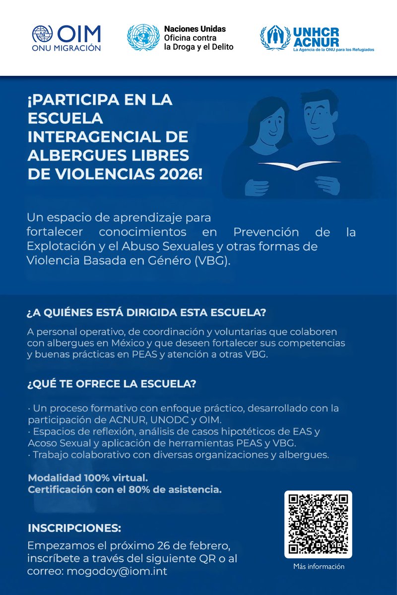 OIM_Mexico's tweet image. ¡Participa en la Escuela Interagencial de #Albergues Libres de Violencias 2026!
Una iniciativa de @ONUMX para fortalecer las capacidades del personal y voluntariado en los albergues en 🇲🇽 y Prevenir la Explotación y el Abuso Sexuales (EAS) y otras formas de violencia de #género.