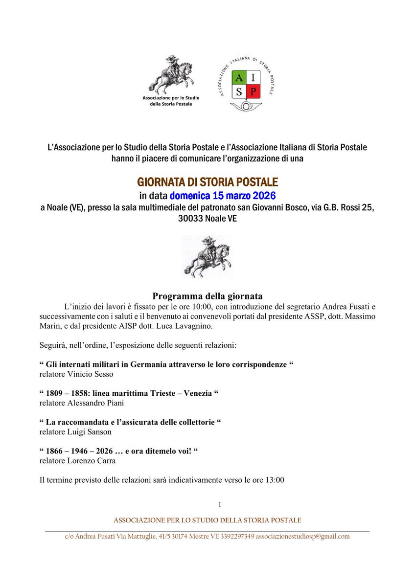 AISP1966's tweet photo. L'#AISP contribuirร al programma della #Giornata di #StoriaPostale a #Noale il 15/03/2026 organizzata dall'Associazione per lo Studio della Storia Postale grazie al relatore #VinicioSesso
#stamp #sello #timbre #briefmarken #filatelia #italy #philatelie #philately #francobollo https://t.co/80lvSUrwbx